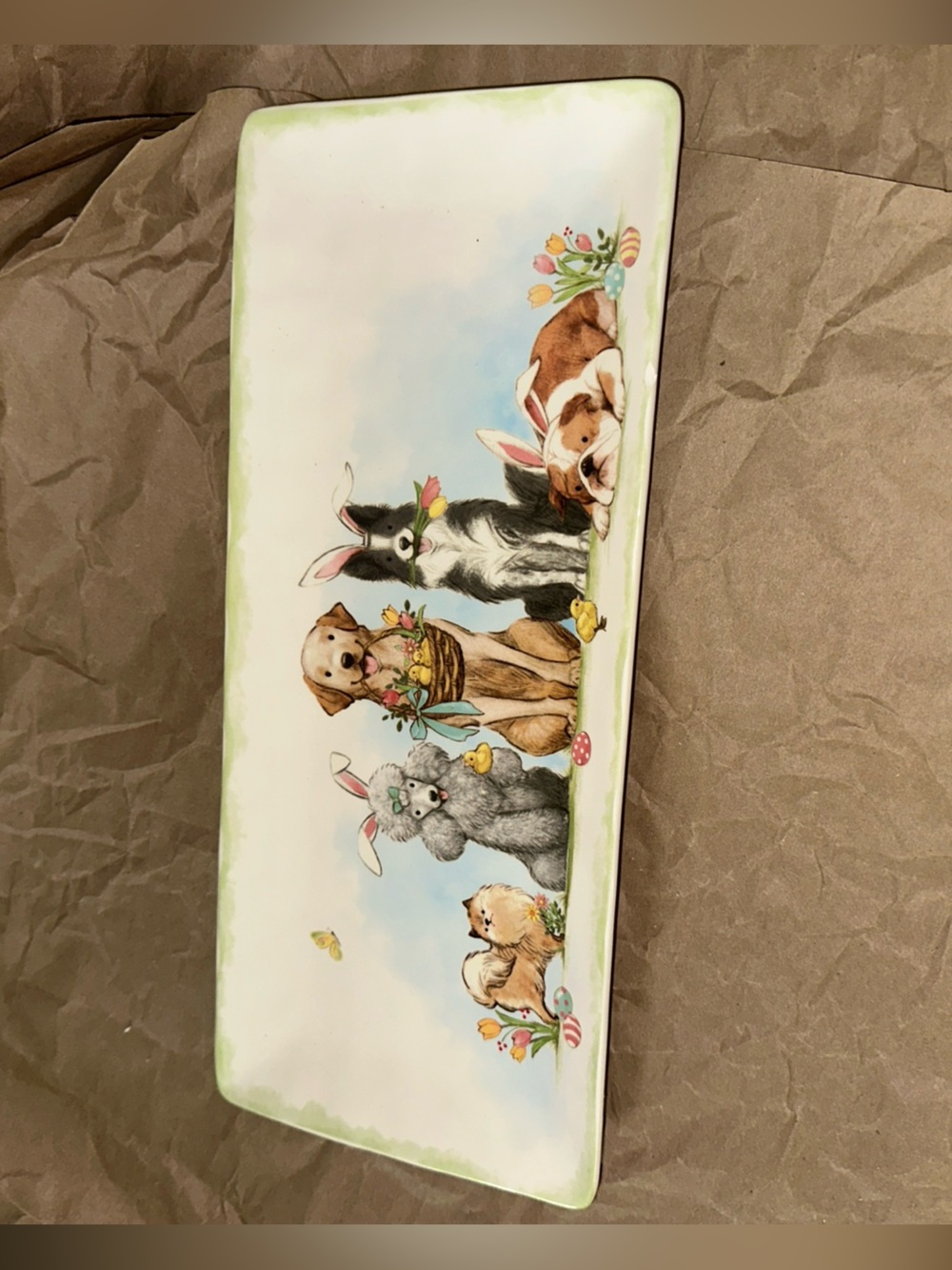 Pier 1 White Ceramic Pet Tray with Easter Puppy Illustration